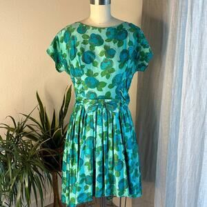 Vintage Women’s M Dress Teal Floral Full Skirt Cinched Waist Bow Detail